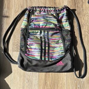 Adidas Striped Drawstring Backpack with Black and Pink Accents